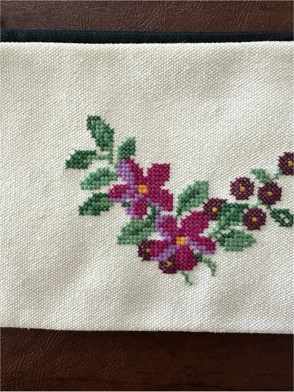 Floral Embroidered Cream Canvas Zip Pouch